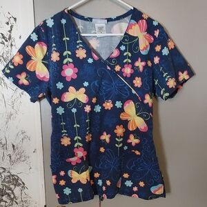 Colorful Floral Butterfly Scrub Top